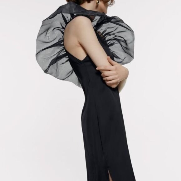 ZARA ORGANZA SATIN EFFECT DRESS One Shoulder black sz S - Picture 2 of 13